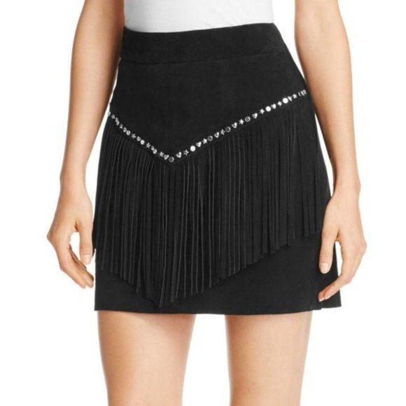 NWT Maje Black Jaco Fringe-trimmed Suede Skirt - Picture 1 of 8